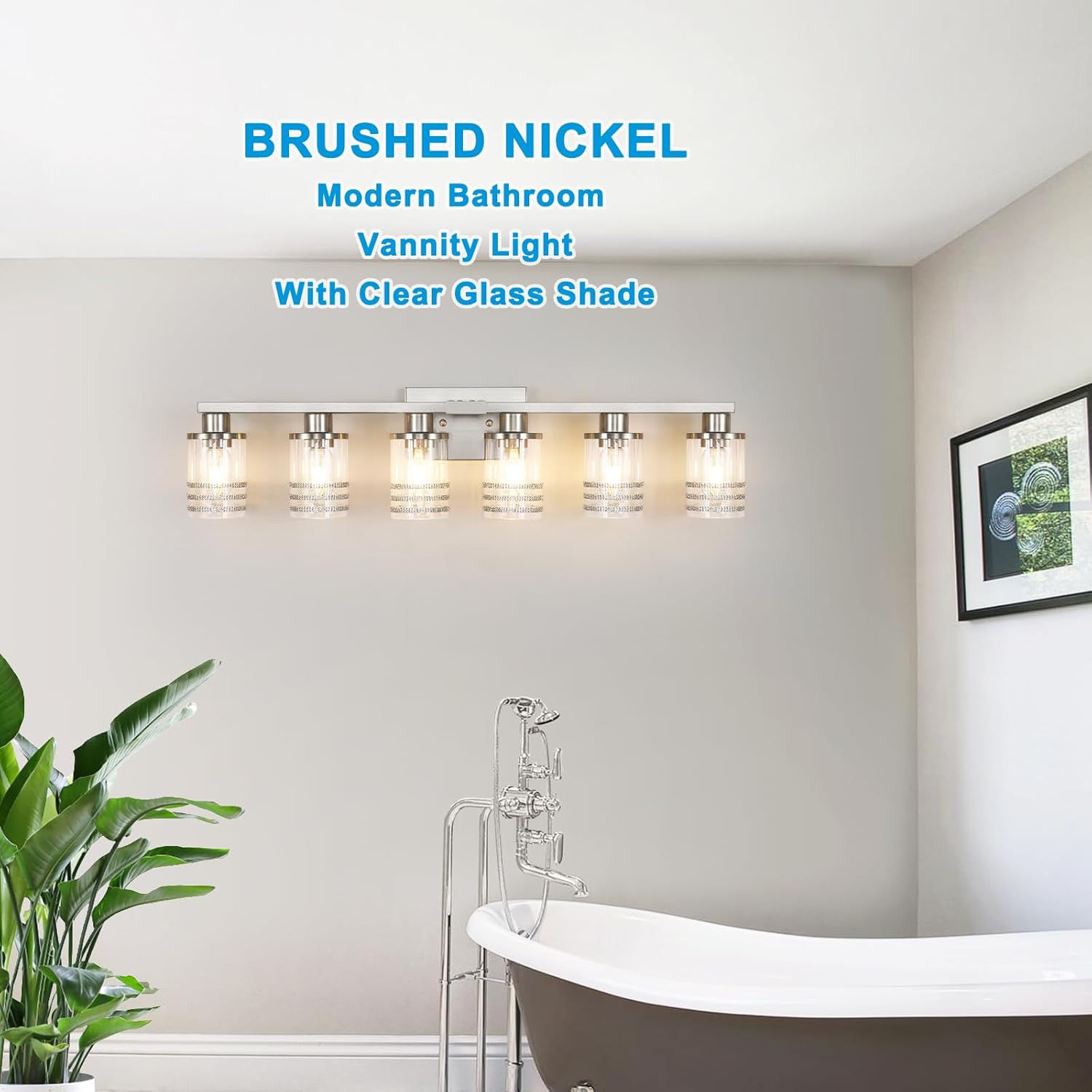 YYT 6-Light Bathroom Vanity Light Brushed Nicekl 6 Light Vanity Lights for Bathroom Light Fixtures Brushed Nicekl with Clear Glass Shade E26 Scoket