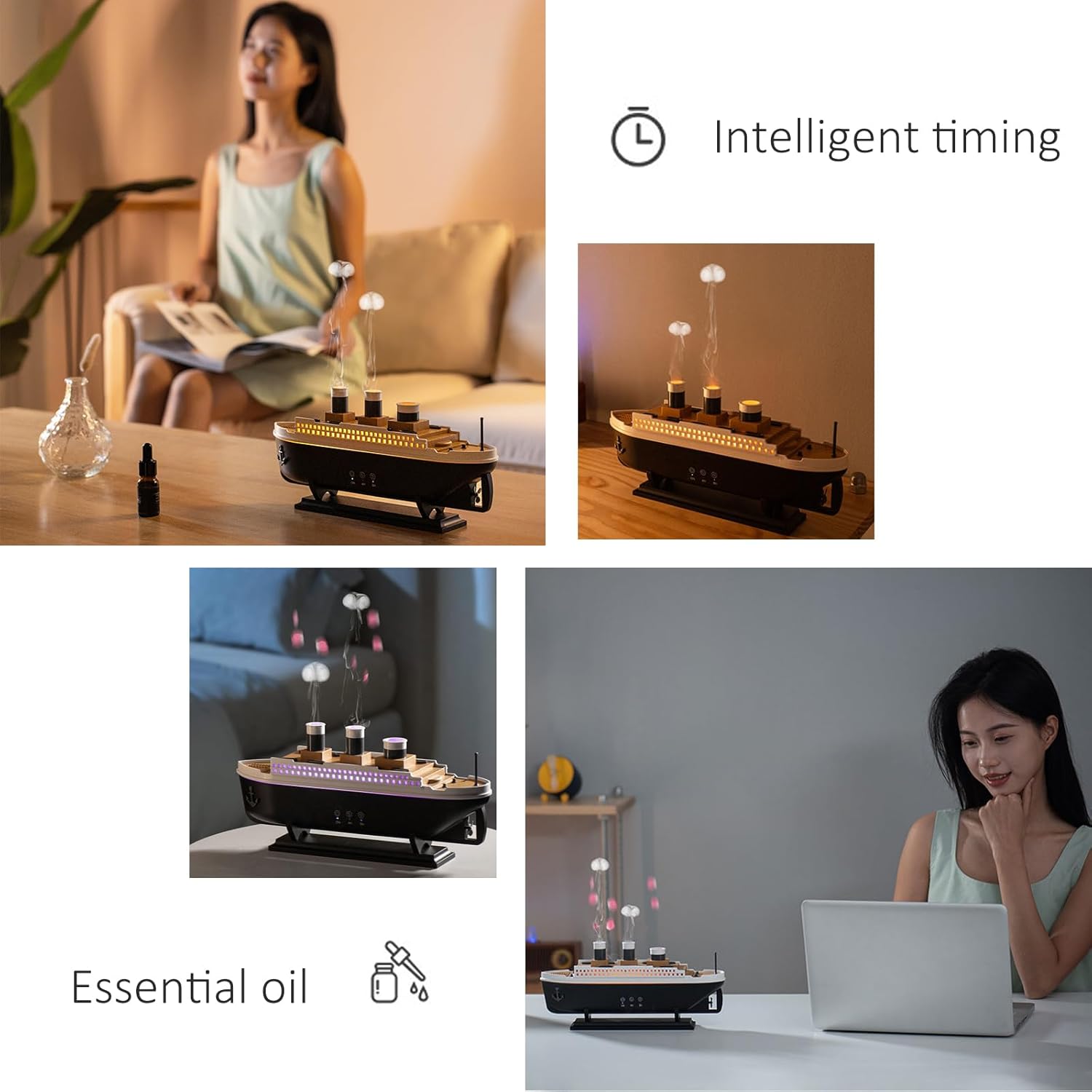 Essential Oil Diffuser, 250ml Ship Modelling Aromatherapy Ship Oil Diffuser Cool Mist Humidifier with Remote Control, Remote 2 Spray Mode Auto Shut-Off, 7 Color LED Light for Home Office.