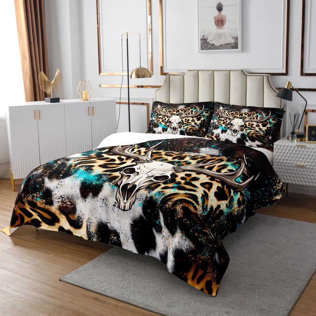 Erosebridal Cow Pattern Coverlet Set King Size Leopard Bedspread for Adults Men Women Rustic Aztec Cheetah White Teal Blue Quilted Coverlet Soft Luxury Quilted
