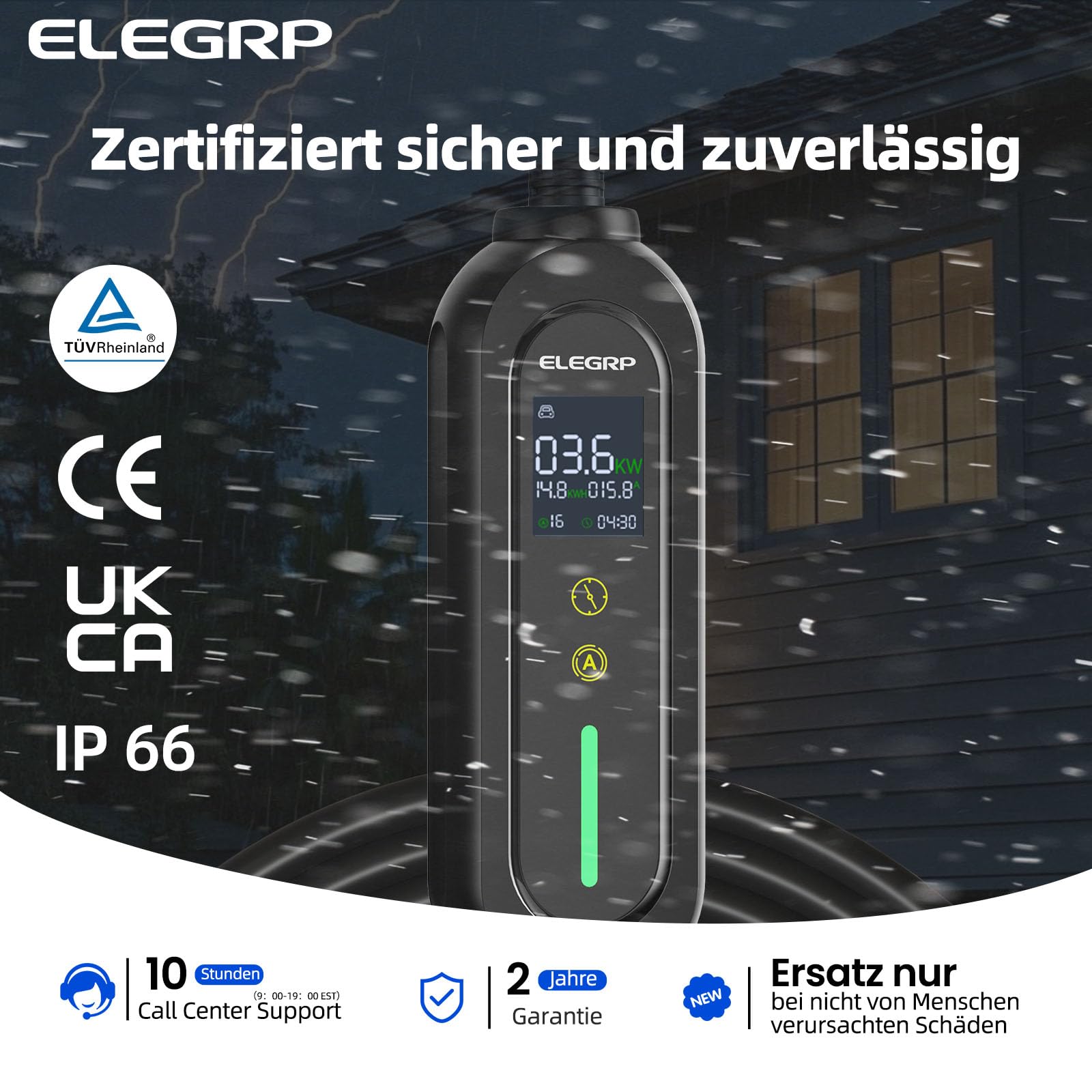 ELEGRP Typ 2 Ladekabel Schuko 7m, 3,68kW (1-phasig, 6-16A einstellbar) – Mobile Ladestation mit verzögertem Ladestart, IP66 wasserdicht, Plug & Play, kompatibel mit EVs & PHEVs (IEC 62196-2)