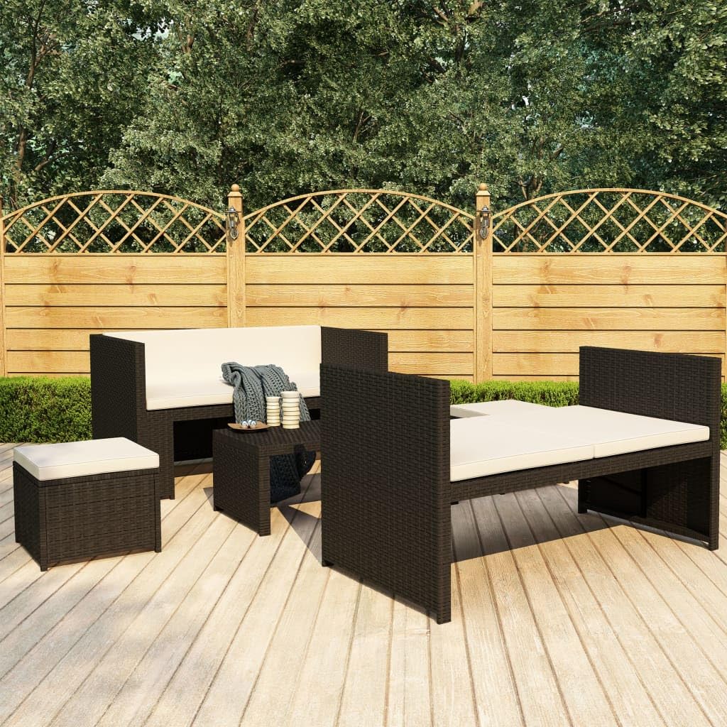 Set Muebles Jardin 5 Piezas Ratán PE Negro | Estructura Acero Solido, Cojines Gruesos Cremallera, Mesa Centro, 1 Banco, 1 Banco Sin Respaldo, 2 Taburetes