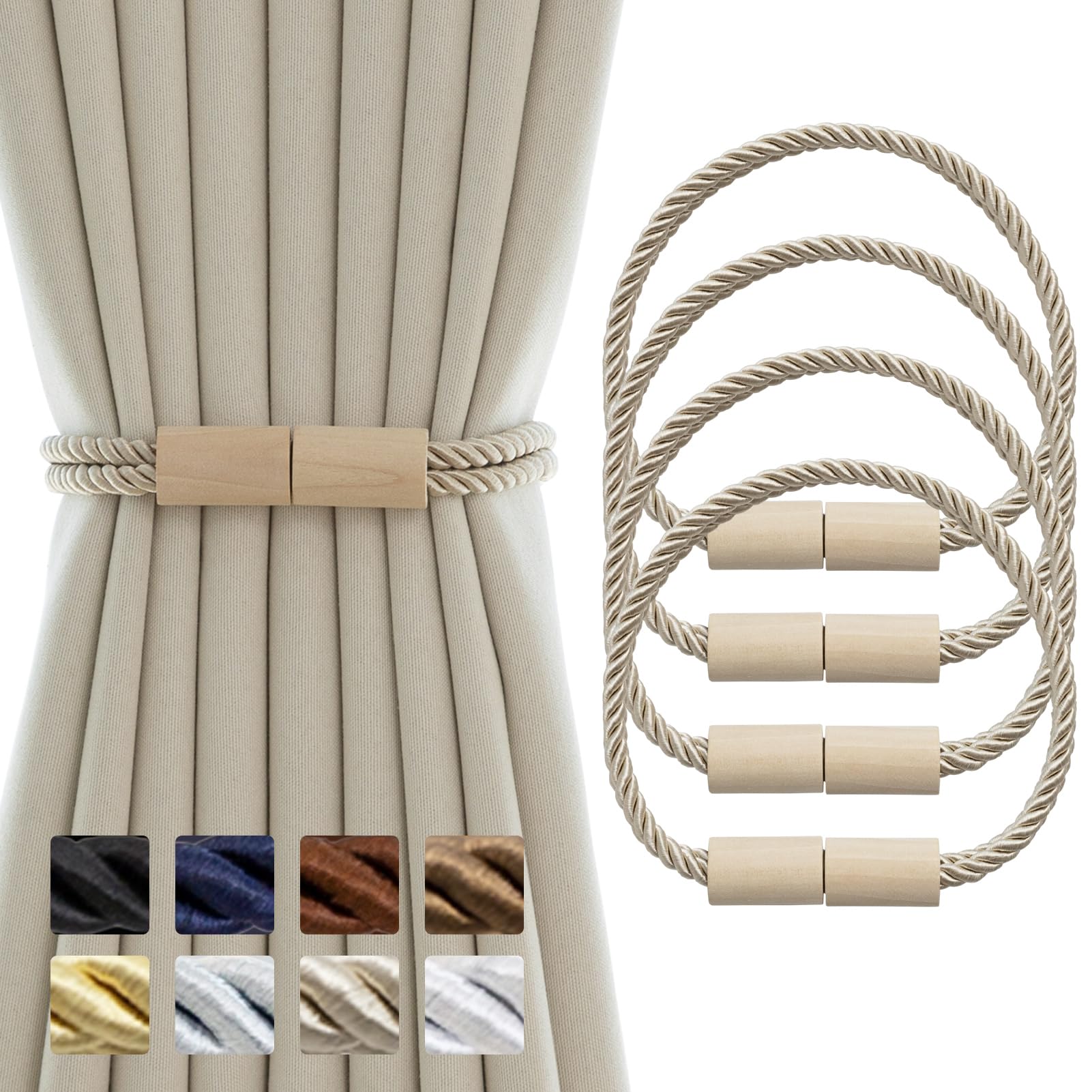 Contoeey Curtain Tiebacks Magnetic Boho Curtain Holders for Drapes 4 Pack Rope Curtain Tie Backs for Curtains Wooden Window Treatment Holdbacks for Home Decorative Curtain, Beige
