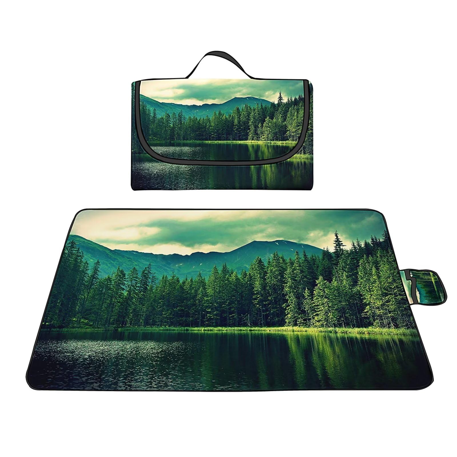 Manta Picnic Impermeable 100x150cm,Lavable Picnic Blanket,Ultrasónica Mantel Picnic,con Mango Multifunción para Acampar Playa Parque de Senderismo,Lago Forestal Verde