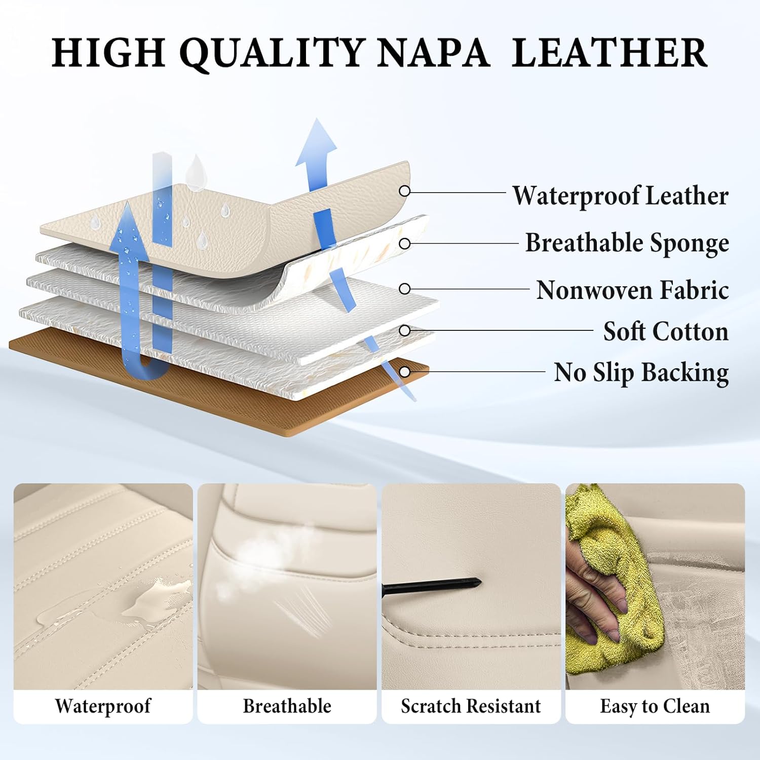 Seat Covers Full Set for Toyota Camry 2015-2025, Comfortable Waterproof Nappa Leather Protector, Airbag Compatible Interior Accessories (Beige)
