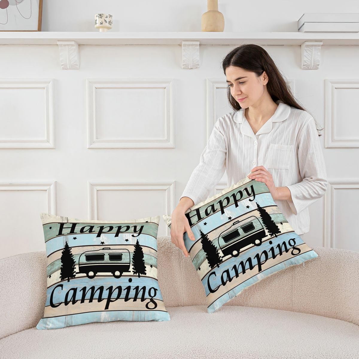 Feelyou Camper Rustic Wooden Outdoor Throw Pillow Covers 24"x24" Set of 2 Soft Happy Camping Cushion Covers for for Couch Sofa RV Camping Cartoon Car Print Decor Pillowcases Outdoor Pillows Covers