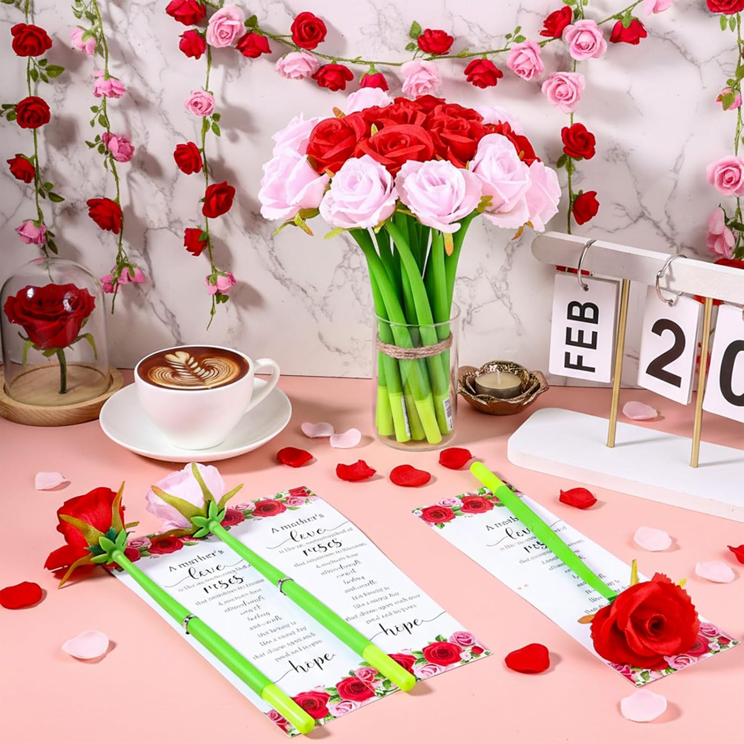 36Set Mothers Day Gift Rose Pens with Card Flowers Pen Artificial Rose Pens Roses Shaped Ballpoint Pen Black 0.5mm Gel Ink Rollerball Pen, Gift for Mom from Daughter, Birthday Gifts for Mom(Pink, Red)
