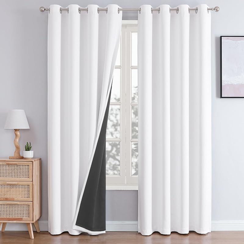 White 100% Blackout Curtains for Bedroom 84 Inches Long 2 Panels | 2 Thick Layers, Thermal Insulated, Grommet, Window Treatment, Living Room Drapes with Black Liner, Pure White, 52 x 84 Inch