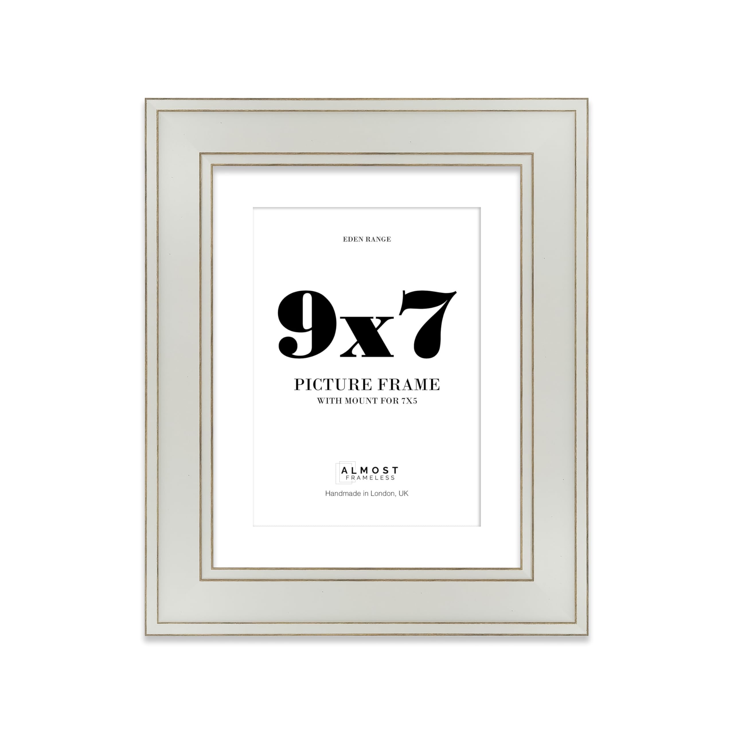 9x7" Light Grey Picture Frame with 7x5" Mount - Shabby Chic Photo Frame with Distressed Finish, Gold Trim, Wall Hooks and Kickstand, 37mm Edge - 1 Pack