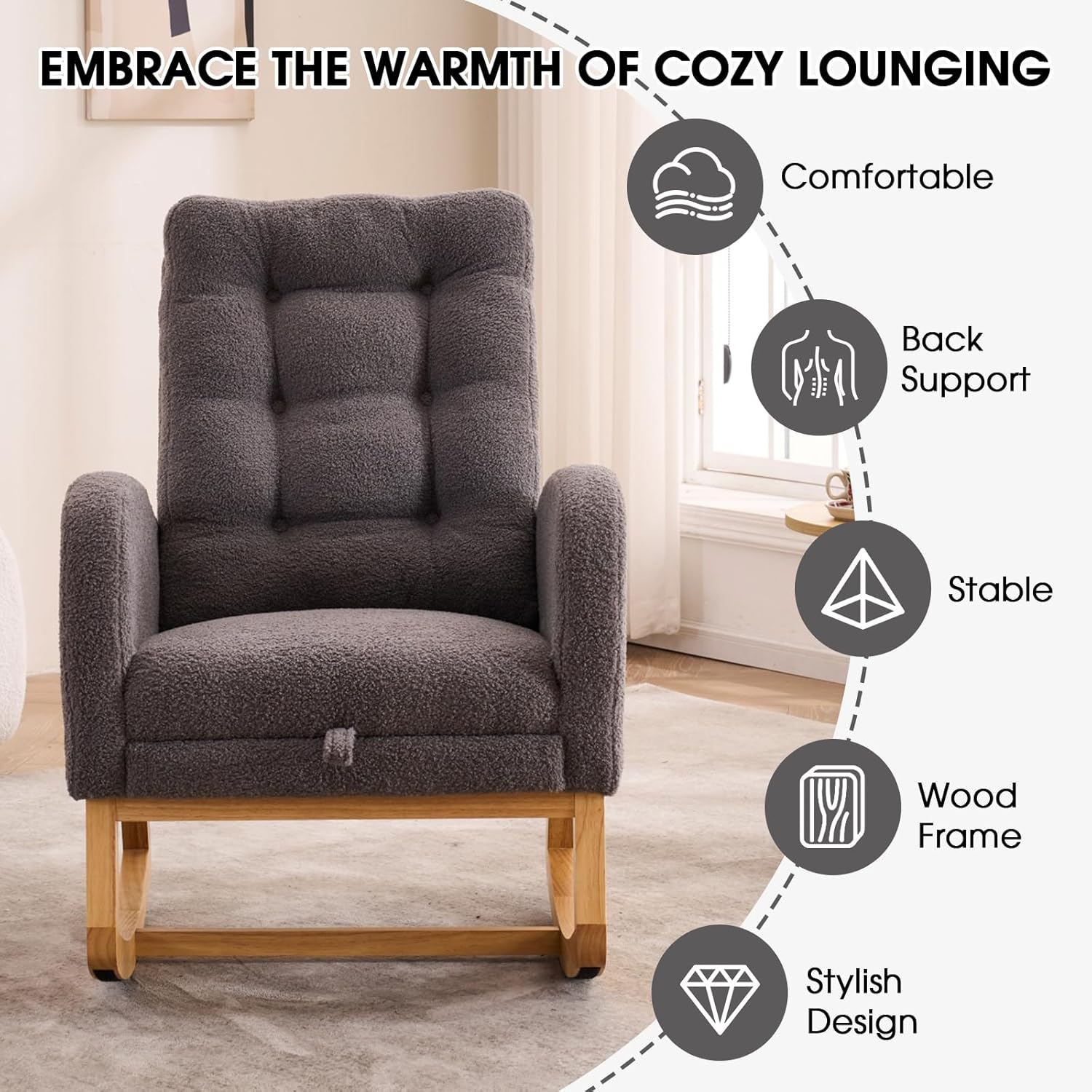 NIOIIKIT Nursery Rocking Chair, Linen Upholstered Glider Chair with Footrest, Tufted Rocker Recliner with Side Pocket, Comfy Recliner Glider, Accent Chair for Living Room (Gray Teddy)