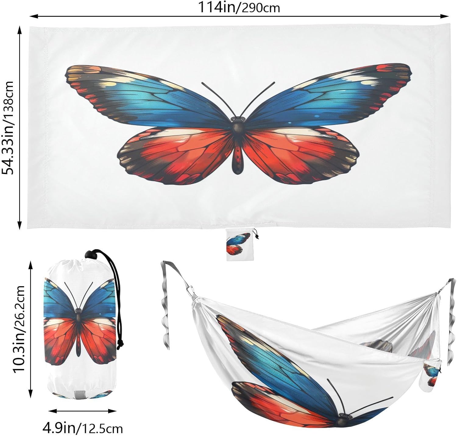 ALAZA Butterfly Blue & Red Camping Hammocks Single or 2 Person 500 lbs Portable Parachute Travel Hammock w/Tree Straps for Hiking Backpacking Indoor Outdoor