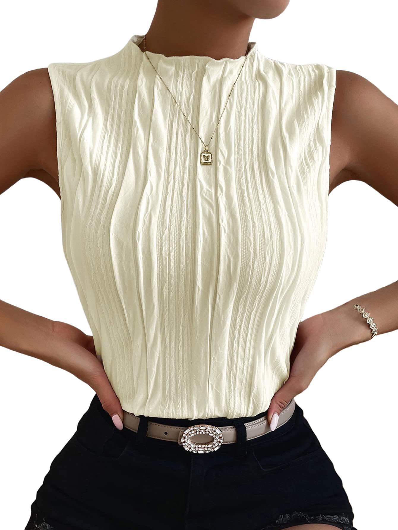 Body sin mangas con cuello alto falso para mujer, con textura, cuello redondo, sin tirantes, ajustado, casual, leotardo básico, Albaricoque