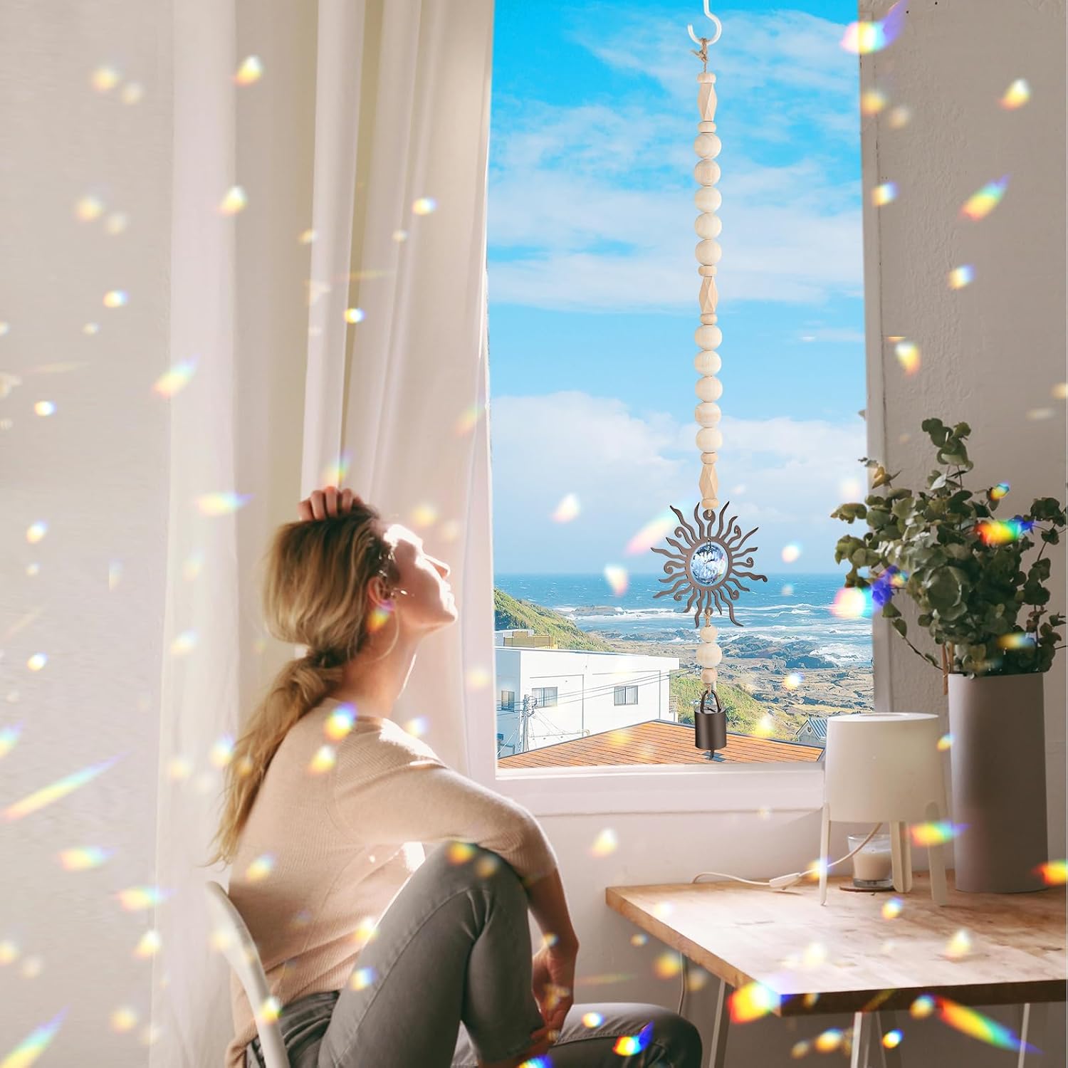 Wooden Wind Chimes with Suncatcher, Boho Hanging Windchimes Sun Catcher Home Decor, and Clear Crystal Prism - Suitable as a Gift for Mom and Women, Rainbow Maker for Windows, Porches, and Patios - Image 2