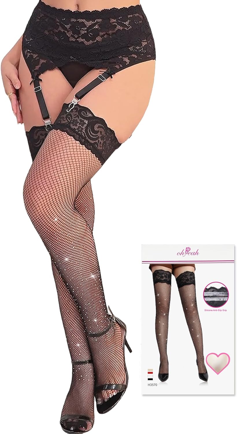 ohyeah Womens Tights Fishnet Stockings Silicone Lace Top Thigh Highs Stockings for Women Sheer Sexy Hosiery Knee Over Socks - Image 3