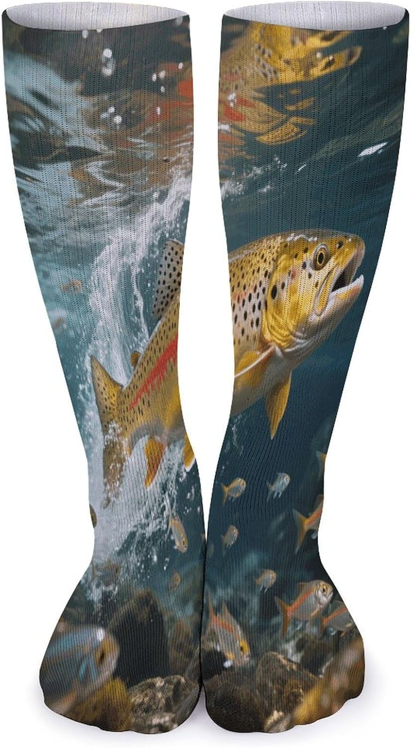 Trout in The Water Crew Socks Casual Breathable Calf Socks | Cushion Running Athletic Socks Long Performance Breathable Sports Socks for Women Men