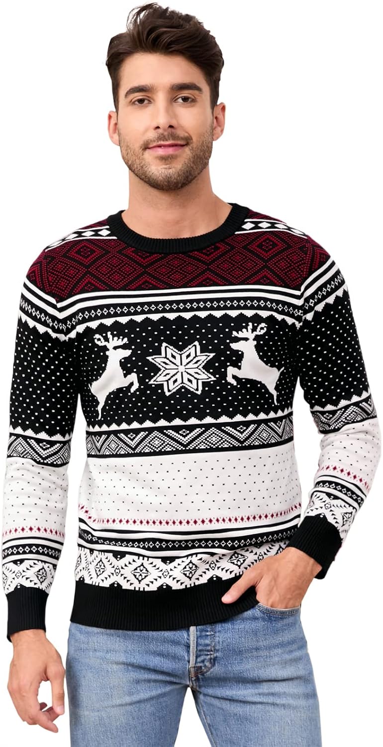 MISSKY Family Christmas Sweater Crew Neck Reindeer Snowflakes Knitted Pullover for Women/Men/Kids
