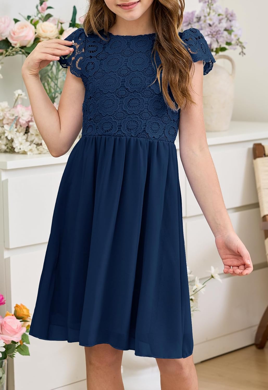 HOSIKA Summer Flower Girls Vintage Lace Chiffon A-Line Semi Formal Wedding Birthday Dress for 6-12 Years Kids - Image 2