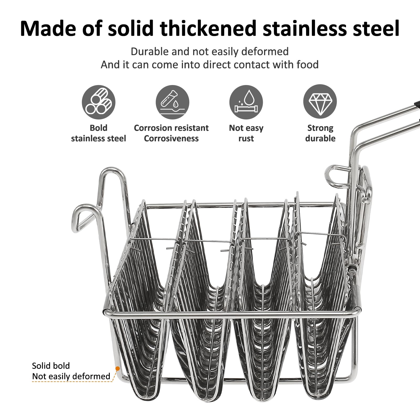 Taco Fryer Basket Taco Shells Mold for Frying, 4 Shells Stainless Steel Taco Shell Fryer Dishwasher Safe Tortilla Fry Basket with Detachable Rubber Grip Handle for Burritos and Tortillas Taco(Silver)