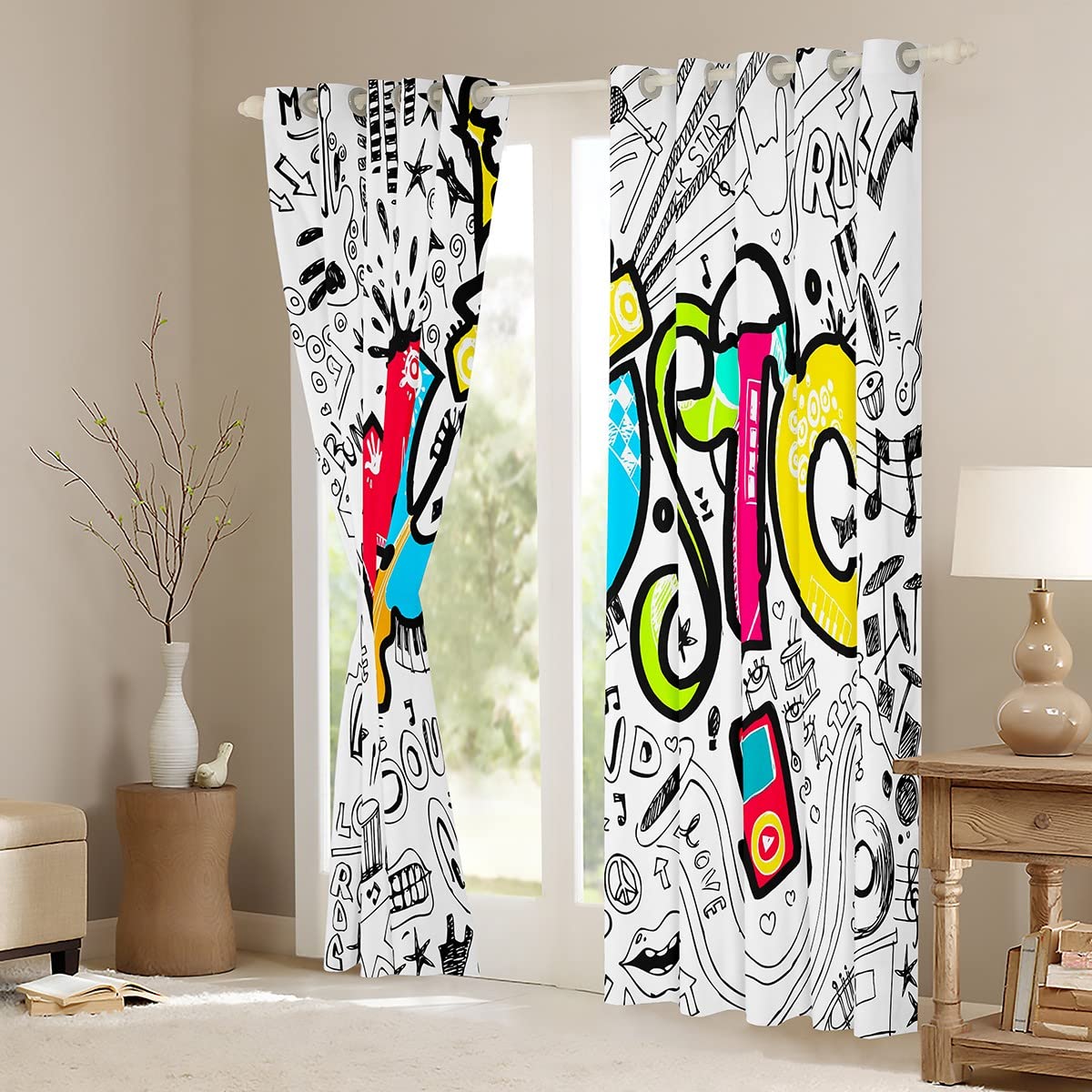 Hippie Graffiti Tende per camera da letto Soggiorno per bambini Ragazzi Ragazze Hip Hop Musica Oscuramento Tende a tema musicale Grunge Art Finestra Trattamenti W52* L90