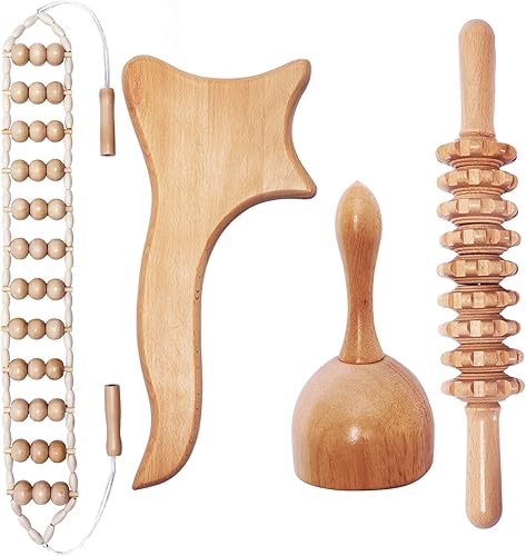 iunxkmi Herramientas de masaje profesional de terapia de madera 4 en 1 para moldear el cuerpo, kit de herramientas de masaje de drenaje linfático,