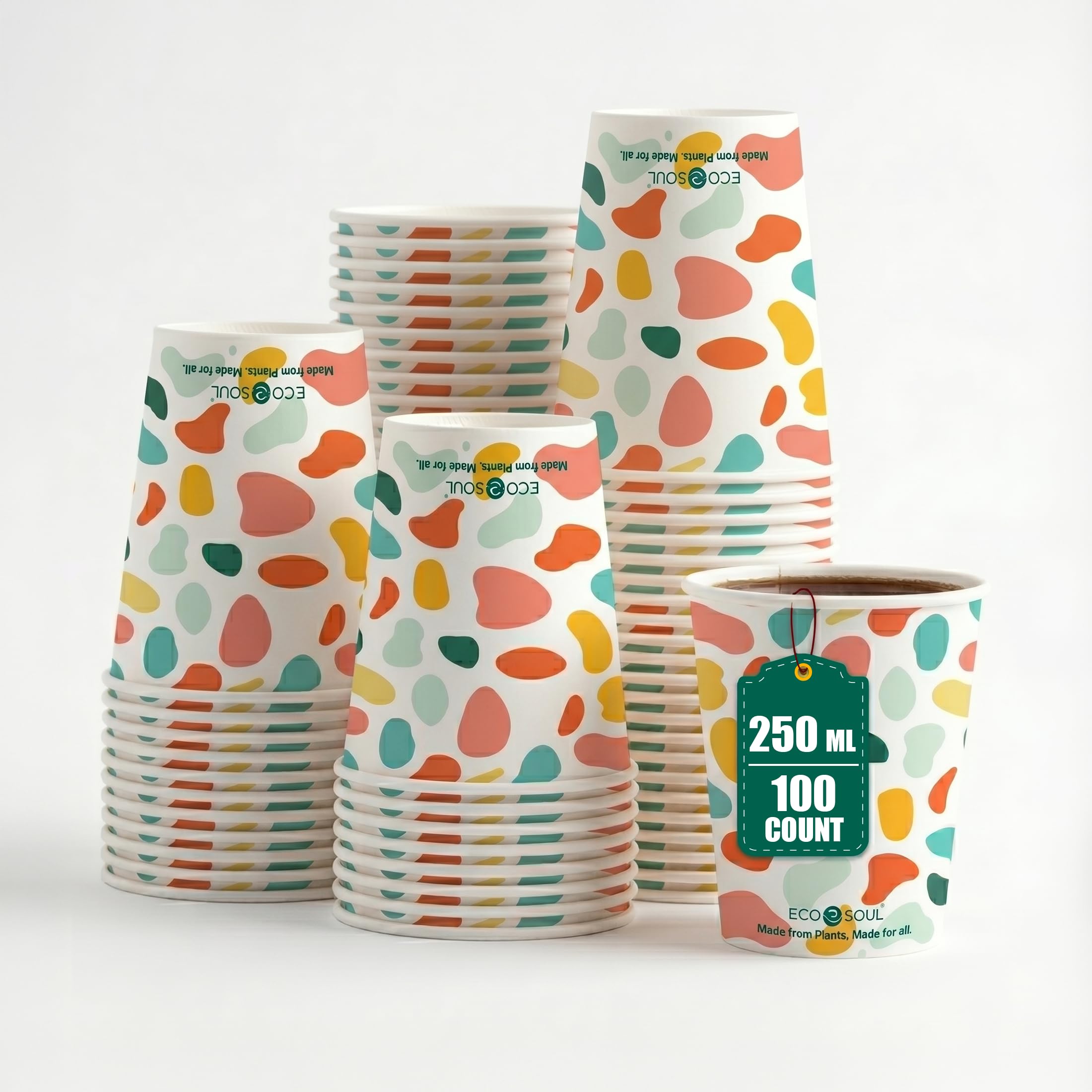 ECO SOUL [250 ml, 100 Count] Disposable Multi-Colour Paper Cups| Plastic-Free Aqueous Coated | Eco-Friendly & Biodegradable Cups | Use & Throw Party Glasses | Ideal for Tea, Coffee & Water | 250 GSM