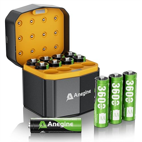 anegine Rechargeable AA Lithium Batteries with 12-Slot Charger, 12-Pack 1.5V 3600mWh Li-ion, 2000+ Cycles, Double A Batteries for Blink Outdoor Camera, Green