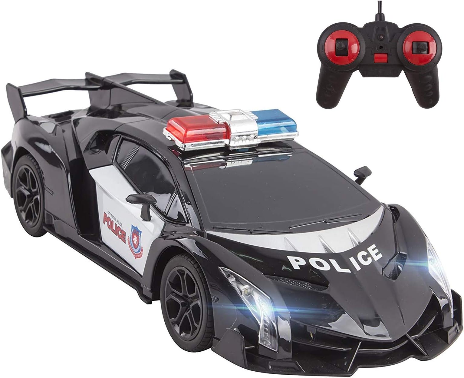 Vokodo Police RC Car Super Exotic 12" 1:16 Scale Size Kids Remote Control Easy to Operate Toy Sports Cars with Functional LED Headlights Cop Race Vehicle Full Function Great Gift for Boys (Black)