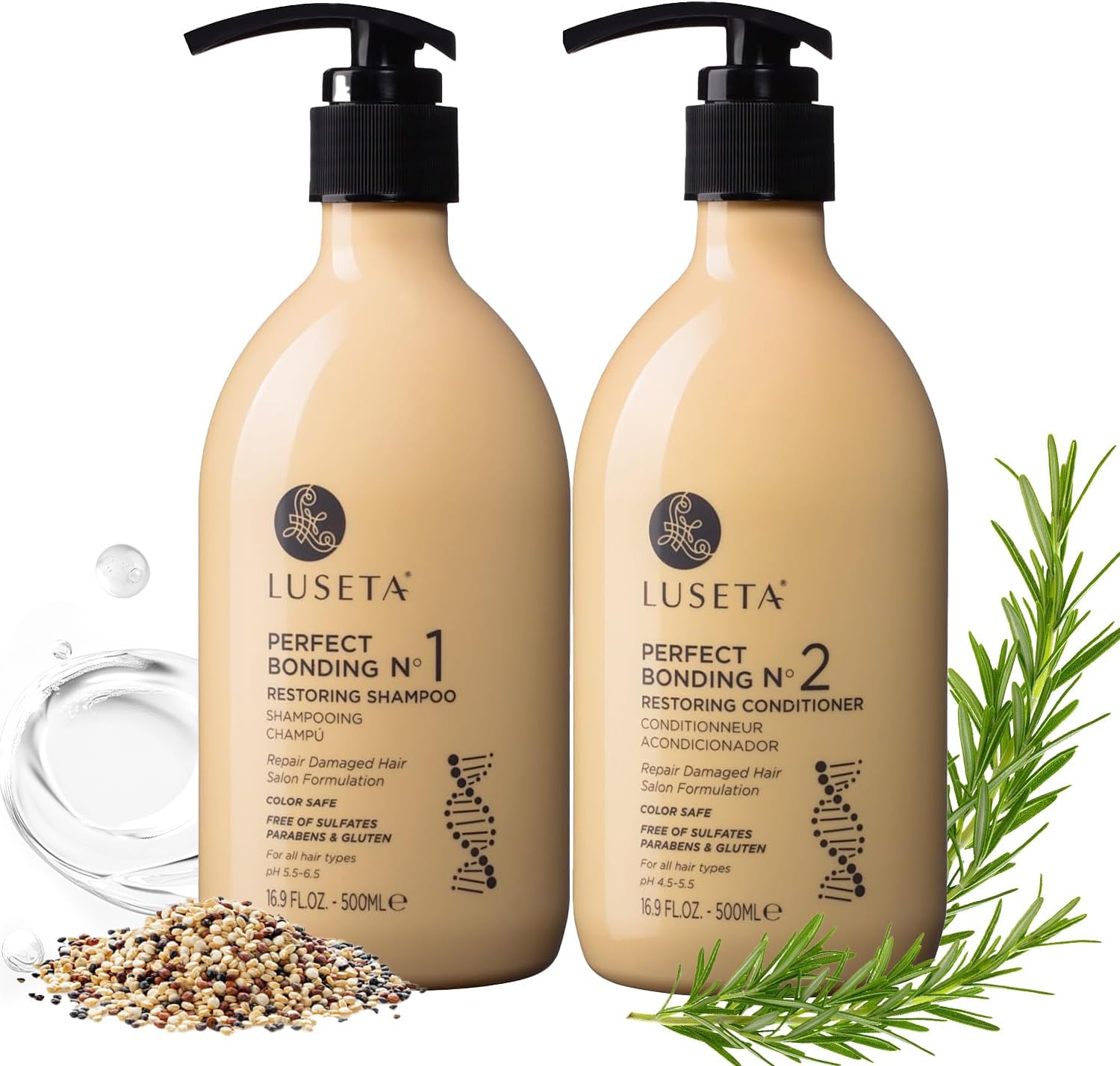 LUSETA Bond Repair & Revitalizing Shampoo and Conditioner Set for Chemically Damaged Hair. Deep Moisture to Smooth Frizz & Add Shine. Strengthens Hair Structure with Rosemary & Marula Oils, 2x16.9 oz
