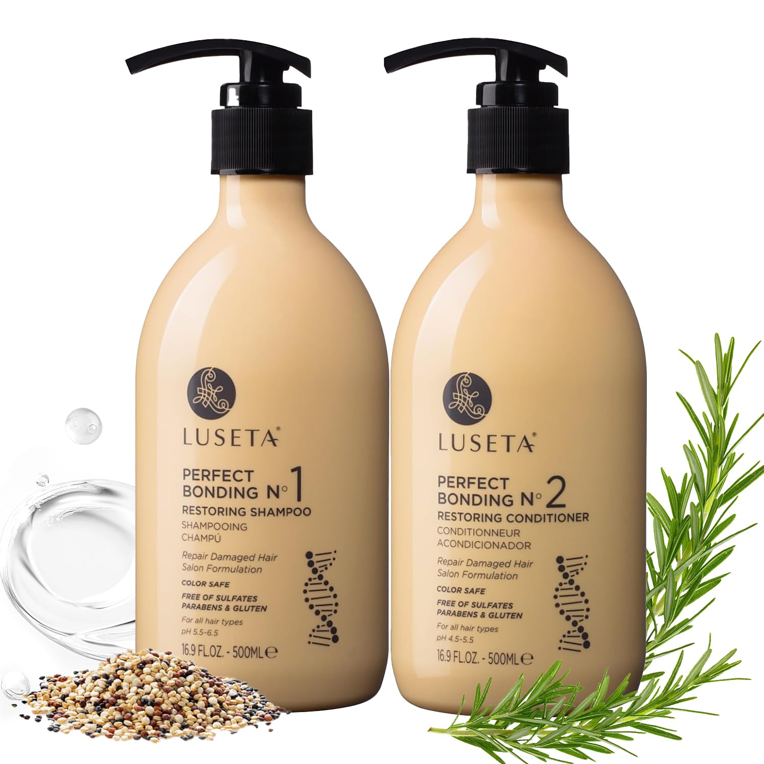 LUSETA Bond Repair & Revitalizing Shampoo and Conditioner Set for Chemically Damaged Hair. Deep Moisture to Smooth Frizz & Add Shine. Strengthens Hair Structure with Rosemary & Marula Oils, 2x16.9 oz