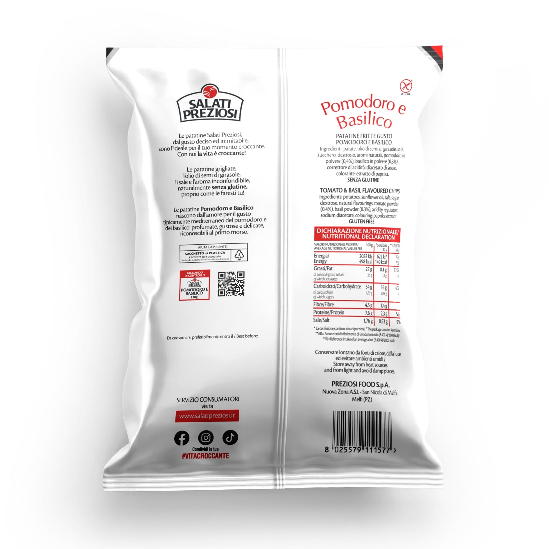 Salati Preziosi | Patatine Pomodoro e Basilico, con sale iodato, snack senza glutine, preparate con olio di semi di girasole, 20 pezzi x 110g