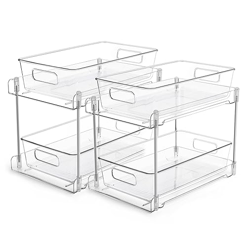 2 Tier Bathroom Storage Organizer, Vtopmart 2 Pack Clear Under Sink Organizers Vanity Counter Storage Container, Medicine Cabinet Drawers Bins, Pull-Out Organization with Track for Pantry, Kitchen - 2 PACK