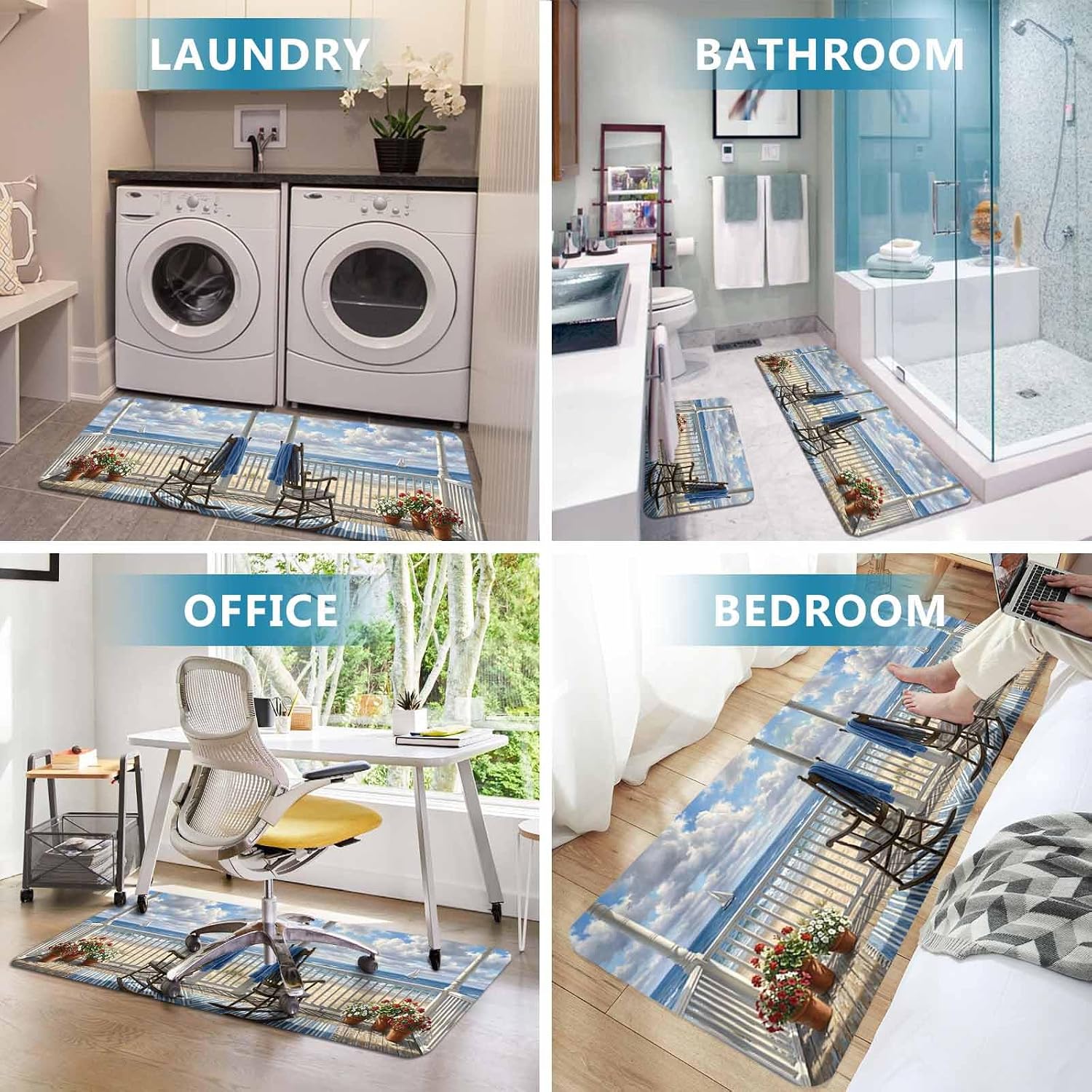 Ocean Landscape Kitchen Mat Set 2 Pieces Modern Summer Balcony Rocking Chair Beach Non Slip Kitchen Rugs Washable Runner Rug Mats for Floor Sink Laundry Office 15.7" x 23.6"+15.7" x 47.2"
