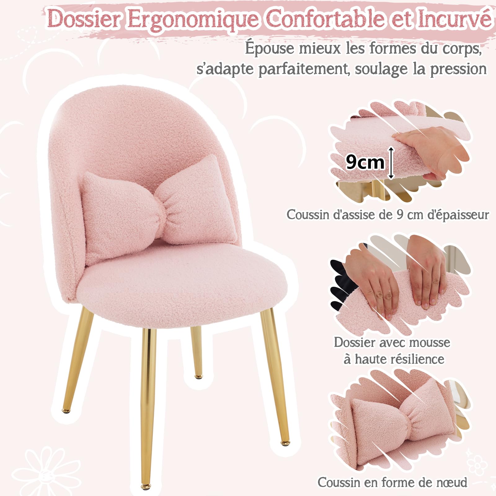 Bonnlo Fauteuil Relax, Chaise Coiffeuse, Fauteuil avec Coussin Nœud, Dossier Incurvé sans Accoudoirs, pour Salon, Bureau, Chambre, en Peluche Lapin/Teddy, 55 x 48 x 78.5 cm (Teddy & Rose)