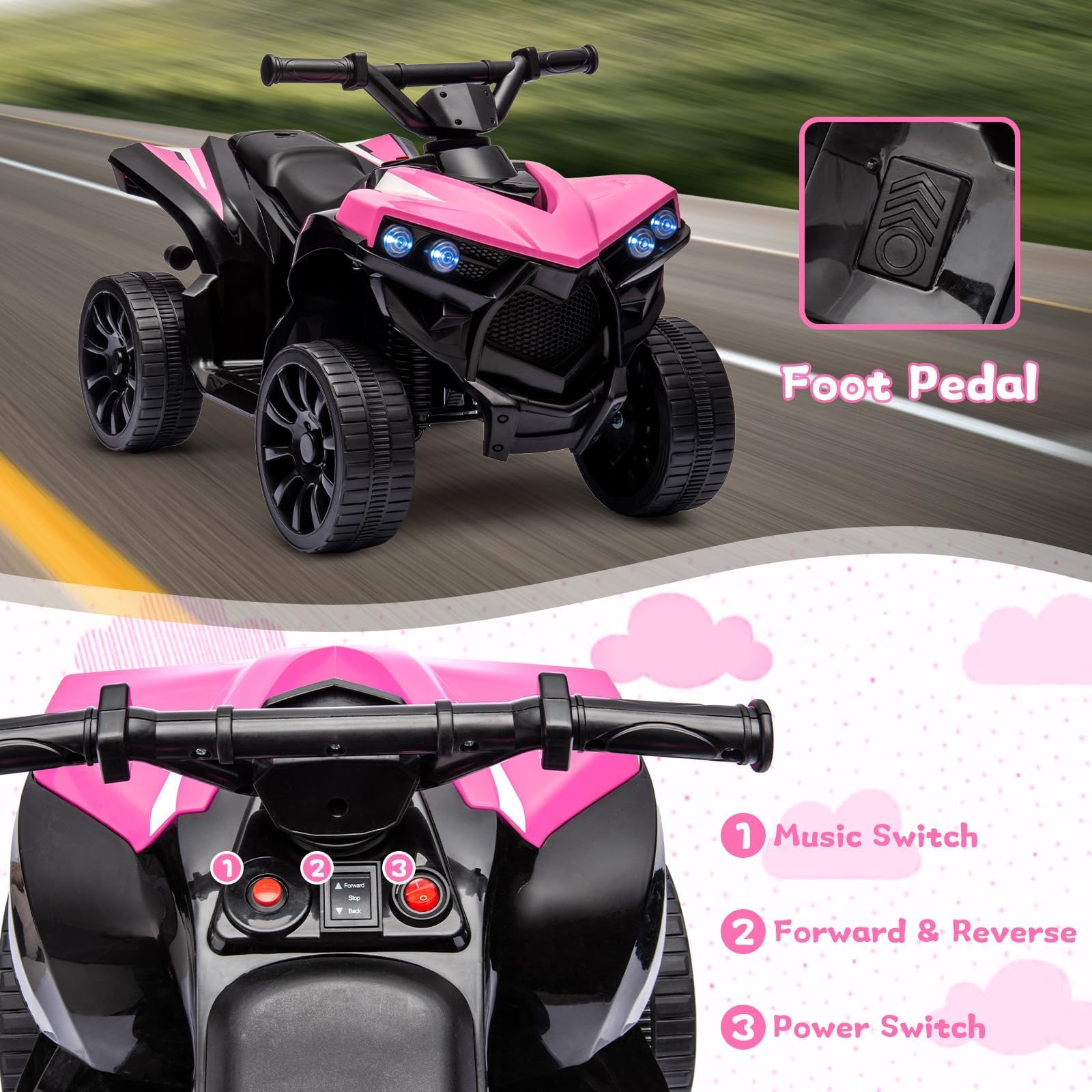 Quad Eléctrico Infantil de 1 Plaza 6 V con Pedal, 1,5 – 3 km/h, Coche Eléctrico para Niños con Música, Trompeta y Faros LED, Vehículo Todoterreno para Niños de 3 – 8 Años (Rosa)