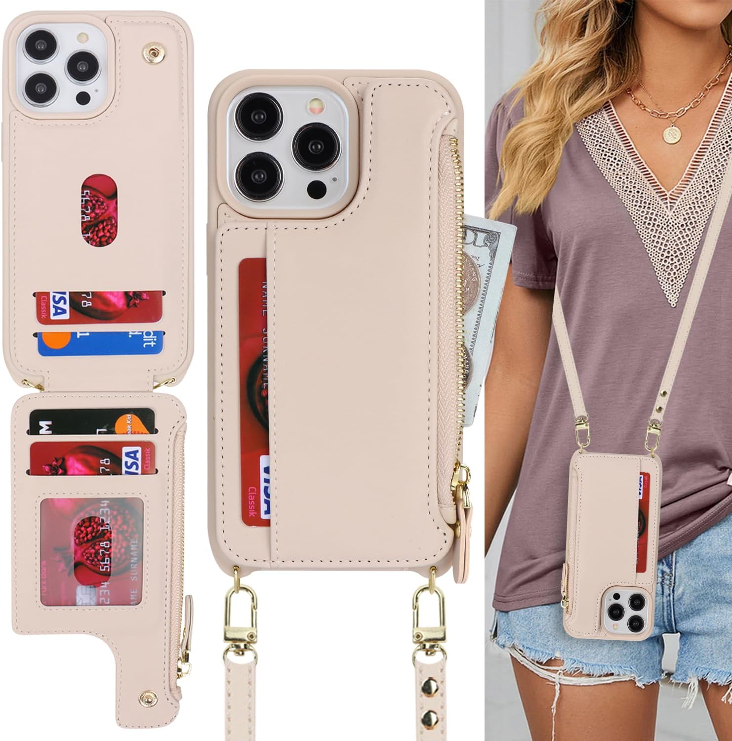 Cavor for iPhone 14 Pro Wallet Case with Card Holder for Women,for iPhone 14 Pro Case with Strap,Crossbody Lanyard and Wristlet Zipper Pocket Phone Cover-Cream - Image 8