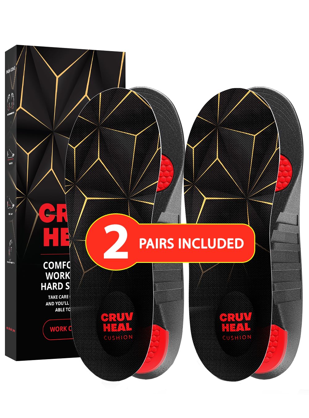 2 Packs of Work Pro Comfort Insoles - Shock Absorption - Low Arch - Cushioning Anti Fatigue Shoe Insert Men Women - Non-Slip - Soft Comfortable Work