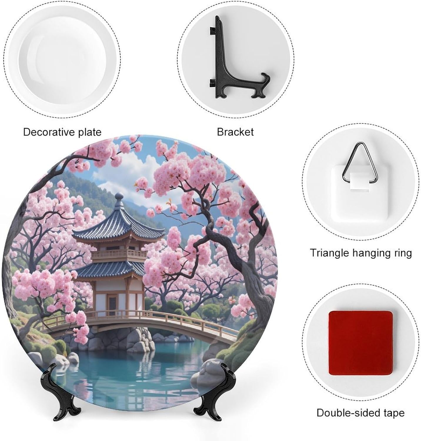 Cherry Blossom & Traditional Japanese House Bone China Decorative Plates 10inch with Display Stand, Boho Luxury Ceramic Hanging Plate for Home Decor, Personalized Ornament Dessert Plate Wall Decor Wed