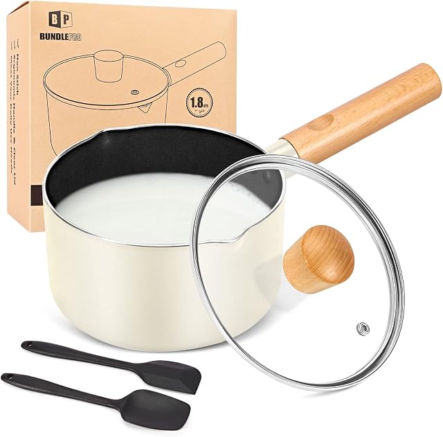 1.8 Quart Saucepan Set with Lid, Nonstick Small Sauce Pot, Induction Compatible Aluminum Cooking Pots with Silicone Spatulas for Pasta, Egg, Rice, Milk, Soup (White)