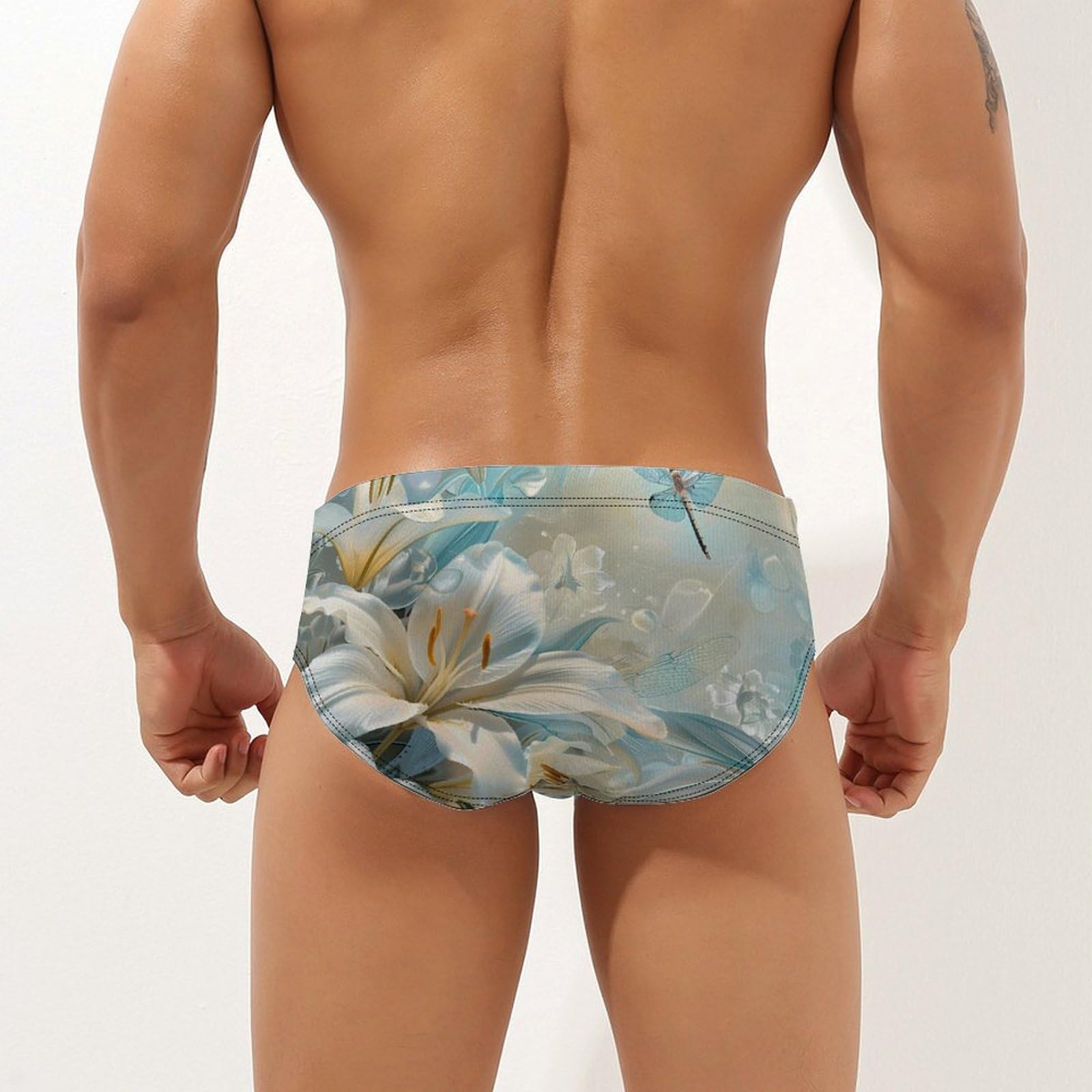 Lilies Flowers Dragonfly Mens Swim Briefs Quick Dry Swim Trunk Bikini Underwear Swimsuit 2XL
