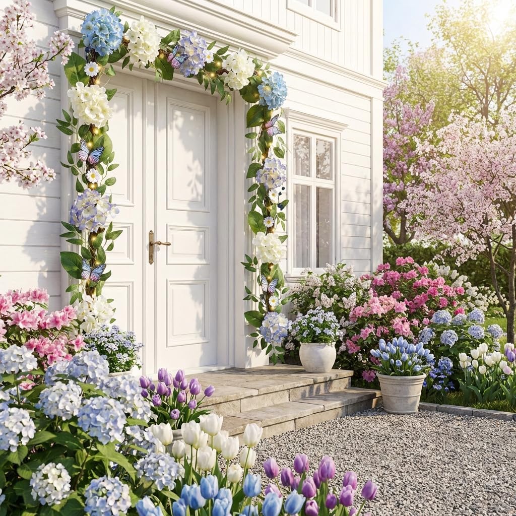 Valery Madelyn 9FT Spring Summer Flower Garland with Lights for Mantle,Blue White Hydrangeas Floral Garland with Eucalyptus Leaves Butterfly for Home Table Centrepiece Stairs Wedding Party Decorations