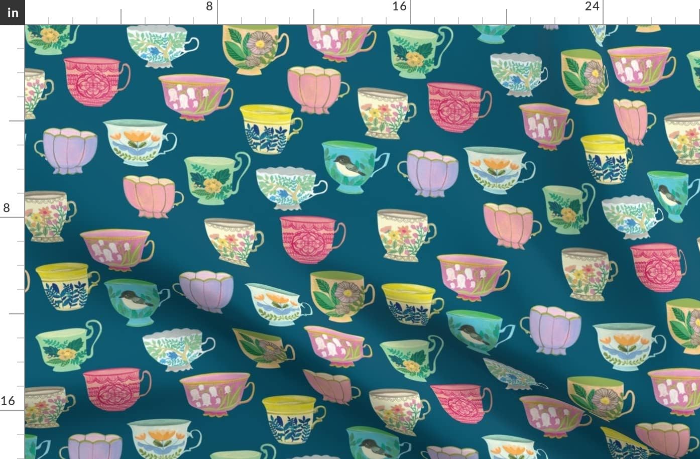 Spoonflower Fabric - Vintage Tea Blue Coffee Pastel French Teacup Printed on Organic Cotton Sateen Fabric by The Yard - Sewing Quilting Apparel Home Decor
