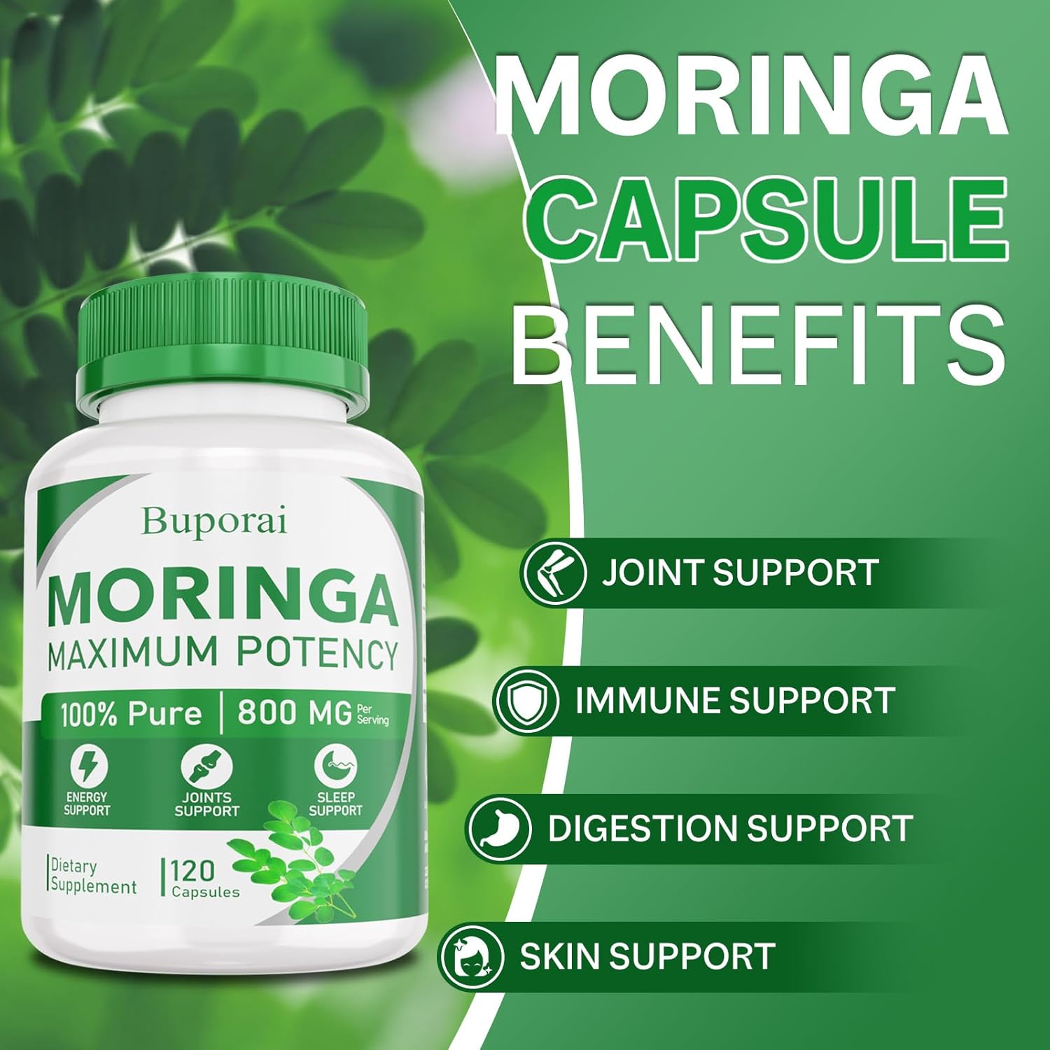Moringa Capsules, Pure Moringa Powder Organic 800 mg, 120 Vegan, Skin Health,Energy, Immune Support, Non-GMO, Natural Green Antioxidant - Image 4