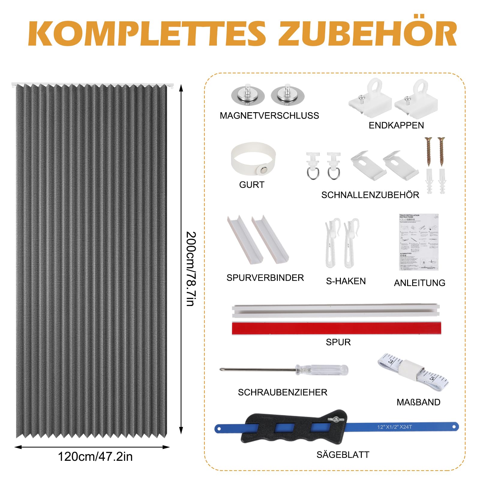 Magnetischer Türvorhang, 100% Verdunkelung, Akkordeon-Tür mit Magnetverschluss, Klebemontage ohne Bohren, inkl. Klebeschiene, Leinenoptik Faltbarer Raumteiler-Tür (Dunkelgrau)