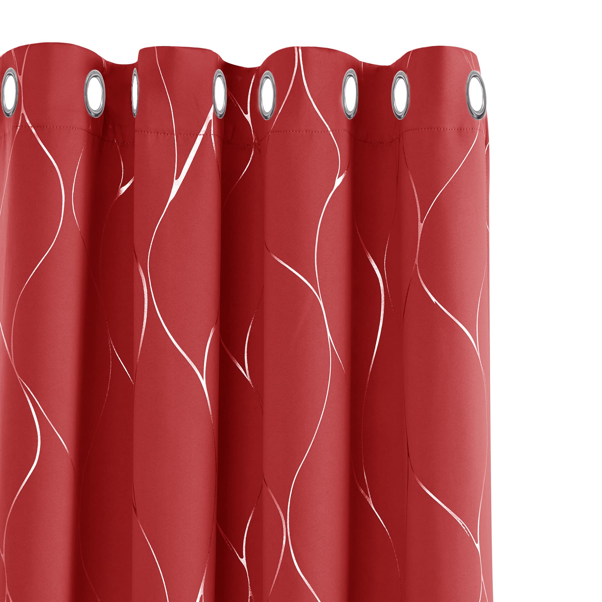 Deconovo Red Christmas Decorations Blackout Curtains, Thermal Curtains Silver Wave Line Foil Printed Eyelet Curtains For Bedroom, 52 X 84 Inch(Width X Length), 2 Panels