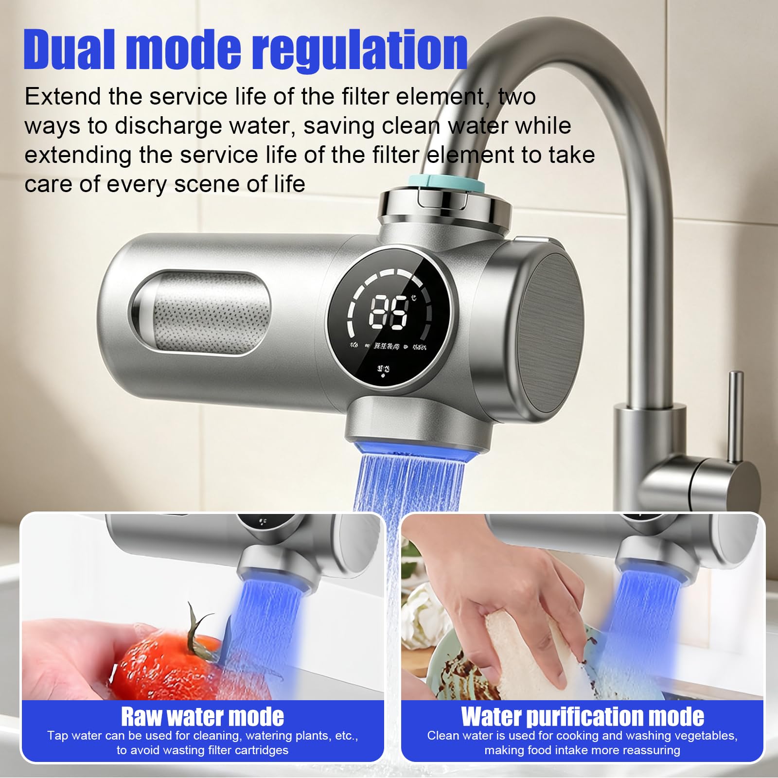Filtr wody do kranu, filtr wody pitnej z niebieskim światłem, stal nierdzewna, filtr do wody wodociągowej z systemem wielokrotnego filtrowania, do usuwania chloru, złego smaku, metali ciężkich