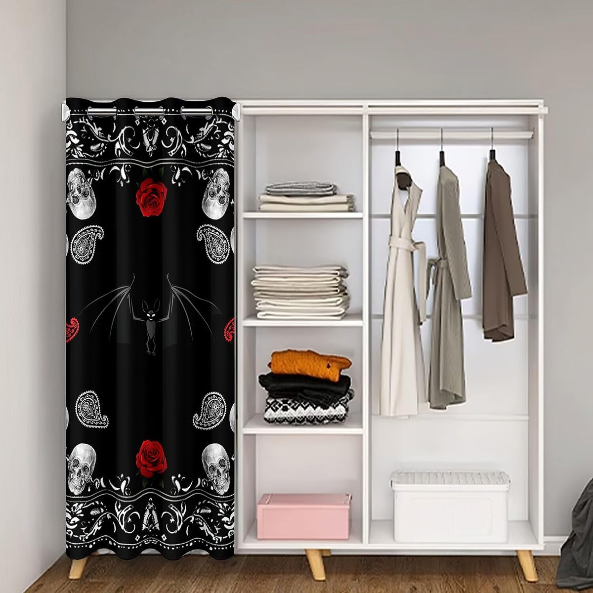 Castle Fairy Gothic Skull Door Curtain 1 Panel 34" W X 80" L Bat Red Rose Flowers Print Doorway Curtain for Closet Door Outdoor Black White Paisley Plaid Door Drape for Bedroom Privacy