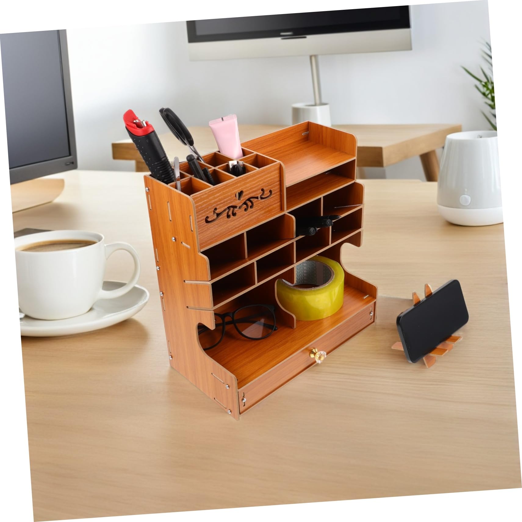 Veemoon Portalápices de Madera de Gran Capacidad con Compartimentos | Base Estable, Diseño Elegante, Organizador de Papelería para Oficina y Hogar, Estructura Multicompartimento