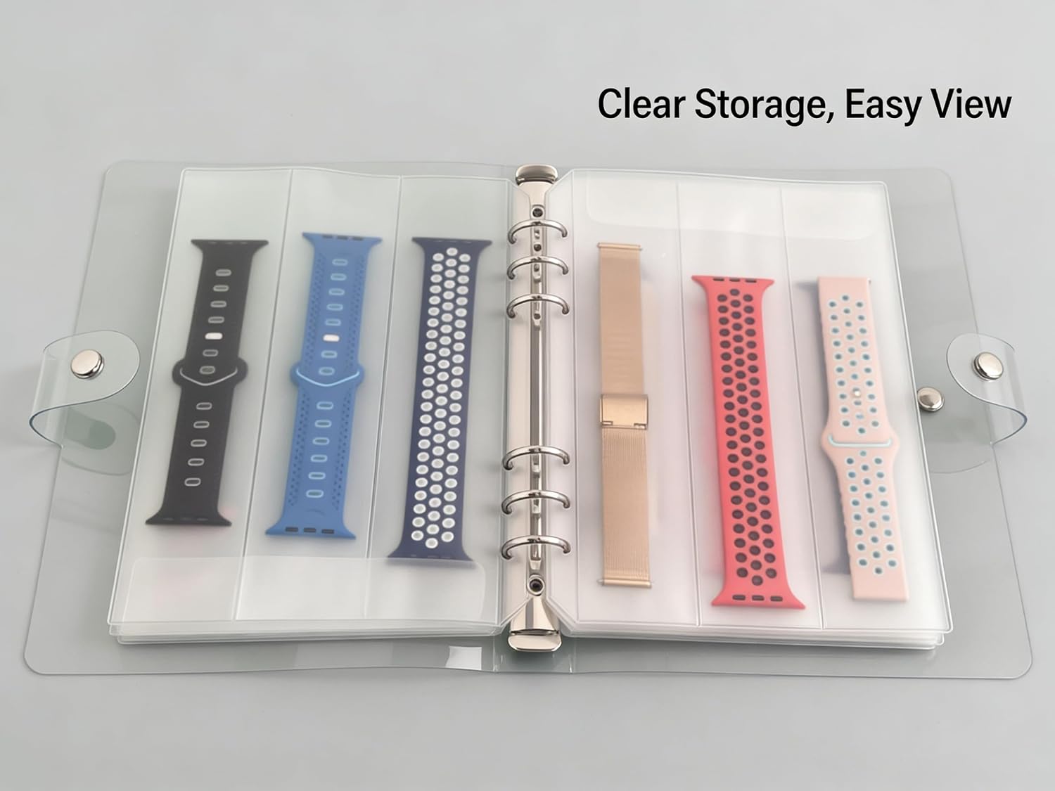 Watch Strap Organizer Binder – A5 Transparent PVC Sleeves with 20 Clear Inner Pages, 3-Column Design Fits 60 Watch Straps or Woven Bracelets, Dustproof Protective Case with Button Closure for Travel