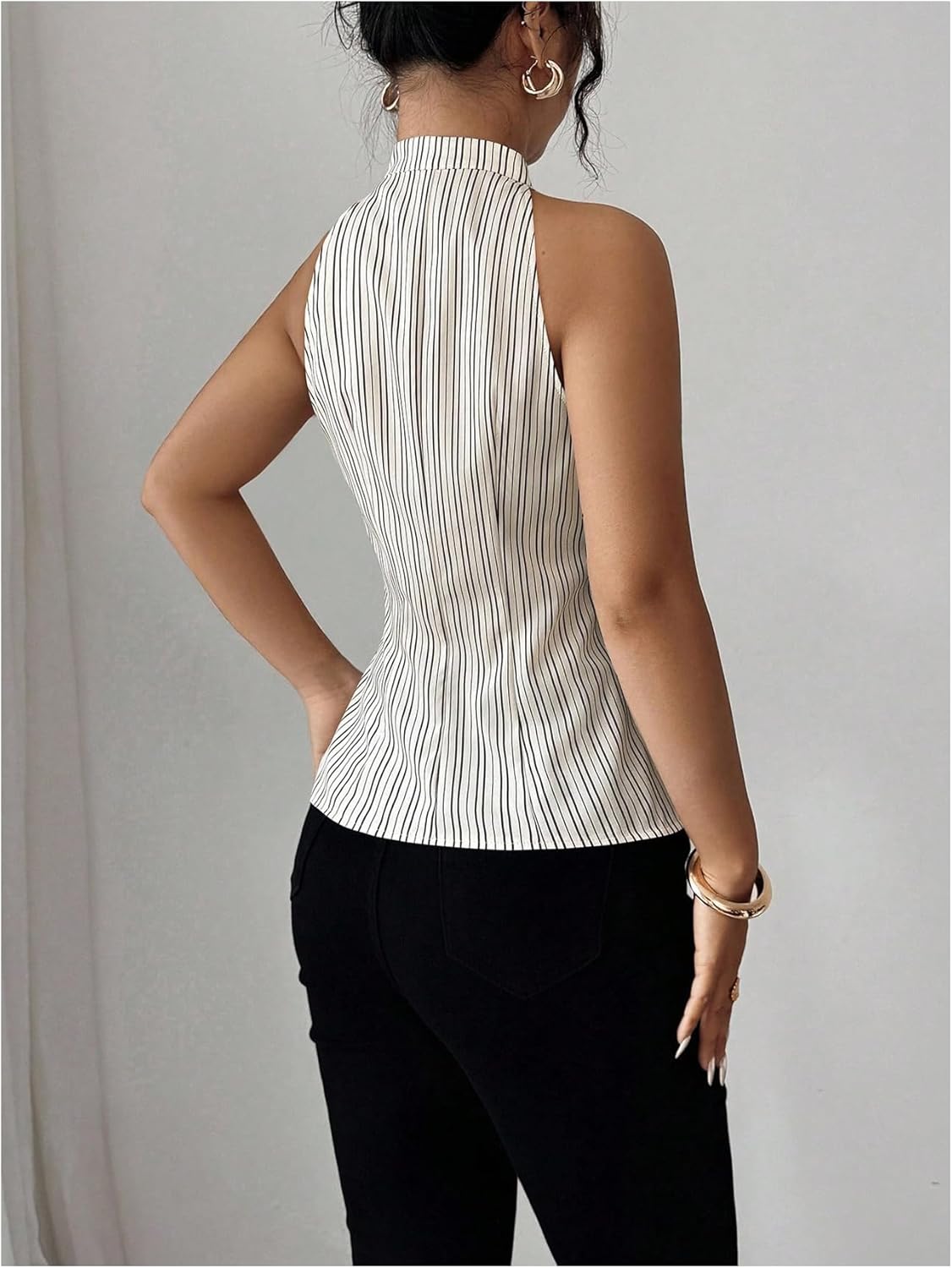 MakeMeChic Women's Striped Halter Neck Notched Blouse Button Down Sleeveless Dressy Tops - Image 2