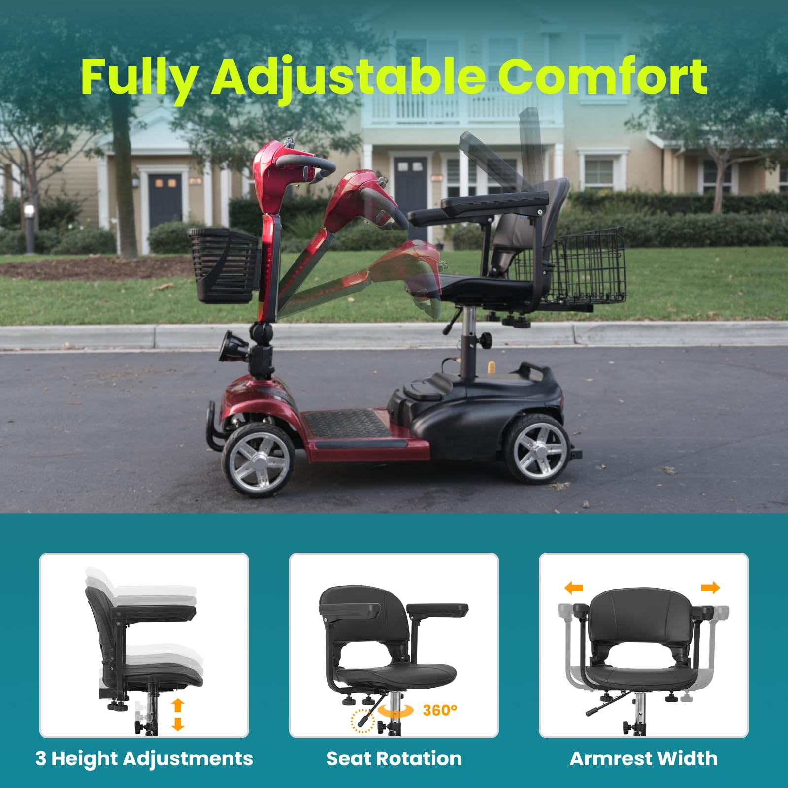 Ecomobi 15-30 Miles 4 Wheels Mobility Scooter for Adults/Seniors, 350W Powered & 8/9″ tire Electric Wheelchair Device w/Removeable Battery, 2*Baskets/Rear Tail Lights, Compact Duty Mobile for Elderly