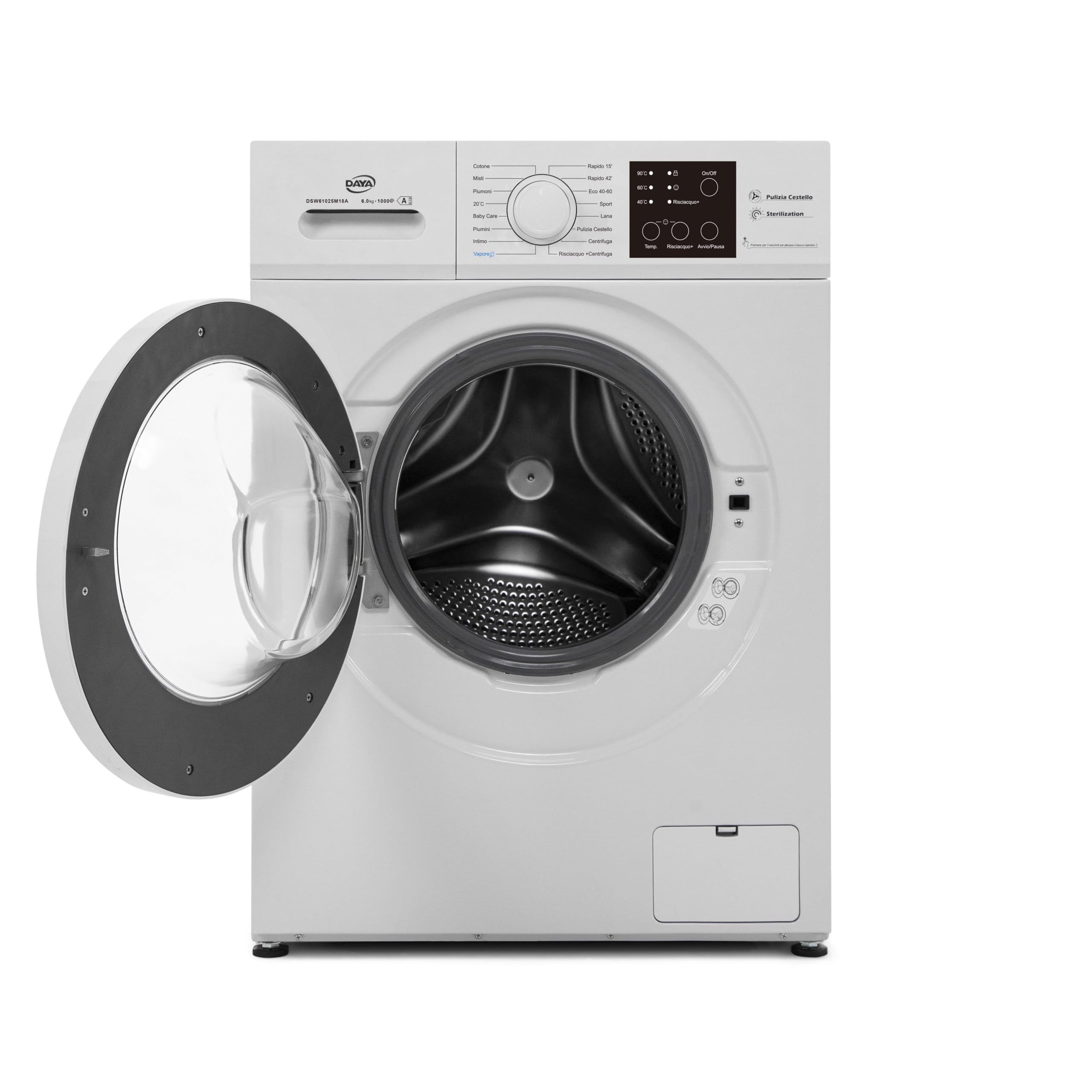Lavatrice Daya DSW61025M18A, 6 kg, 1000 giri/min, Motore BLDC Inverter, Classe A, Programma Vapore, Risciacquo+, Weight Sensing, Programma Rapido, Profondità Slim 44 cm
